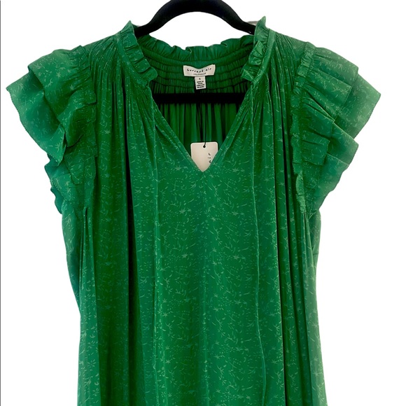 NEW, Green, Short Sleeved Flutter Neck W/ Drawstring Tie, Long Dress, SZ: Small - Picture 2 of 7